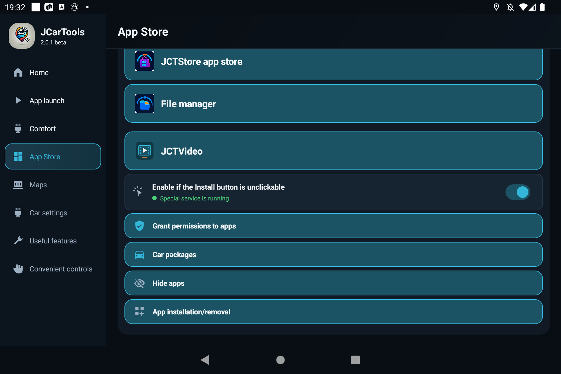 JCarTools App Store screen with the App installation/removal button at the bottom
