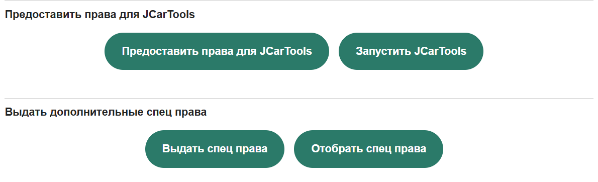 Два блока установщика: обычные разрешения JCarTools и кнопка Выдать спец права